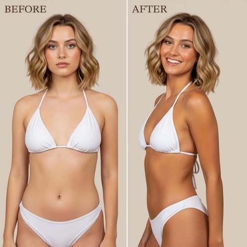 Beauty by Earth Self Tanner medium to dark, shows person in white bikini before and after using product.