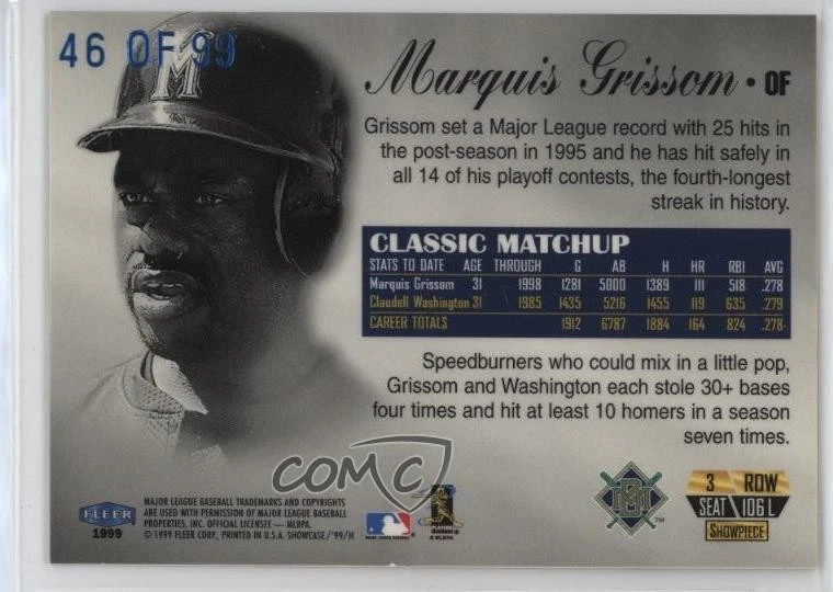 1999 Flair Showcase Row 3 Legacy Collection /99 Marquis Grissom #106L - Image 2 of 2