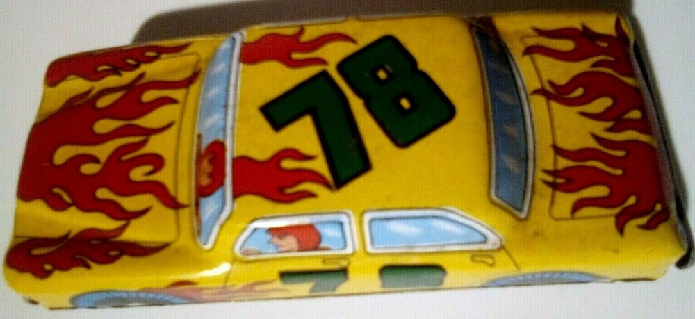 1950s 78 flaming TIN RACE CAR friction BANDAI? 157: Japan, complete & working