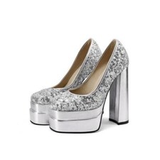 Chic Women's Sequins Slip On Pumps High Block Heels Nightclub party Dress Shoes