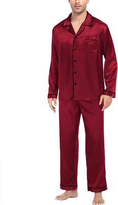 Mens Silk Satin Pajamas Set Long Sleeve Button Down Two Piece Sleepwear Loungewe
