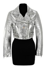 Missy Ladies Cropped Leather Jacket Metallic Silver Napa Short Fashion Jacket
