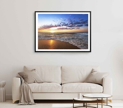 Ocean Print, Wall Art, Cloudy Sky & Sunrise Framed In Morning Wall Art, Sea