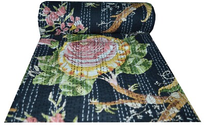 Hand Block Indian Bedspread Cotton Blanket Handmade Kantha Quilt Queen Size Boho