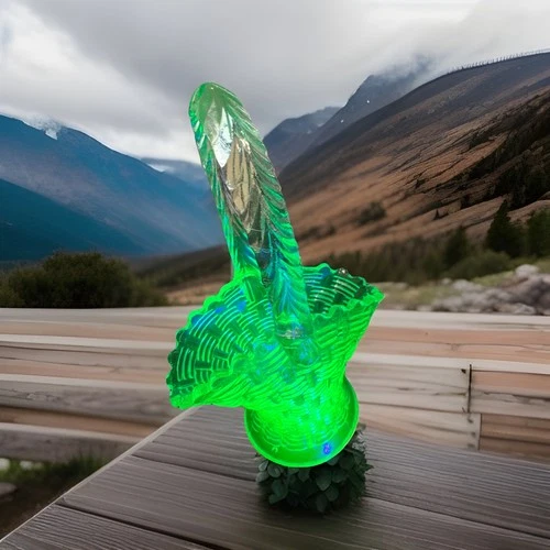 Fenton Glass Woven Uranium Green Basket Ruffled Edge Vintage