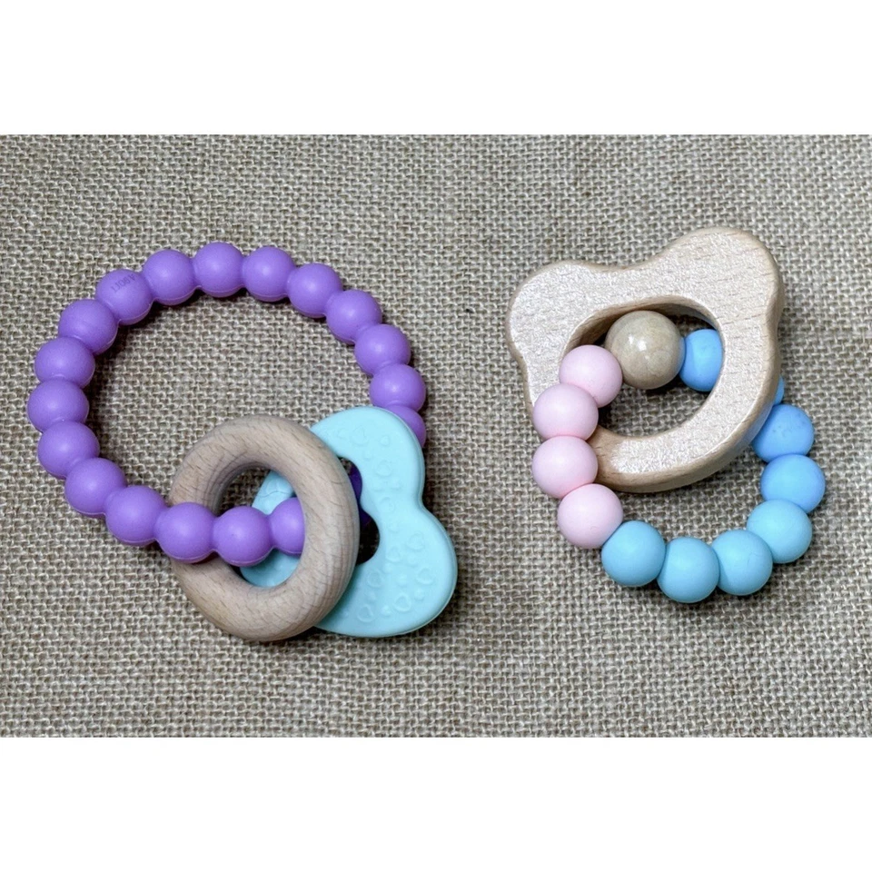 Wood Silicone Infant Teether Set Teething Rings Easy Grip Baby Toys Crunchy Mama - Image 2 of 4