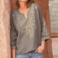 Johnny Was LA Kemi 100% Linen Embroidered Peasant Top Taupe Sz Medium 