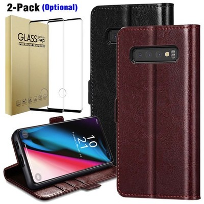 For Samsung Galaxy S10/S10 Plus/S10e Case Leather Wallet Cover / Tempered Glass