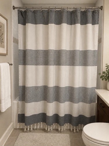 UGG Fabric Shower Curtain Blue Gray White Striped Tassel Boho Farmhouse Bathroom