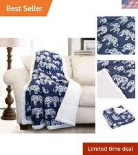 Navy Elephant Parade Reversible Sherpa Throw Blanket - 60 x 50 Cozy Comfort