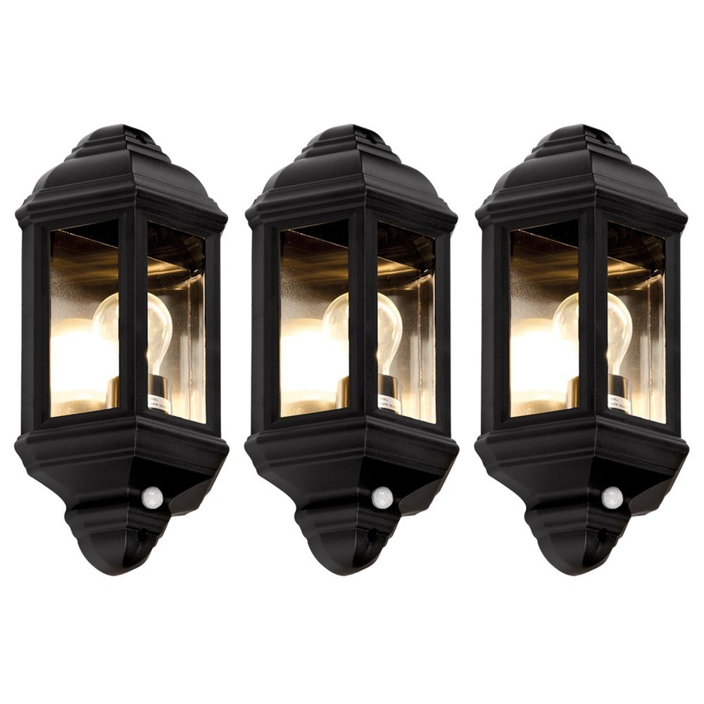 3 x Eterna PIRHL60BK Half Lantern Outdoor Lights with PIR Movement Sensor