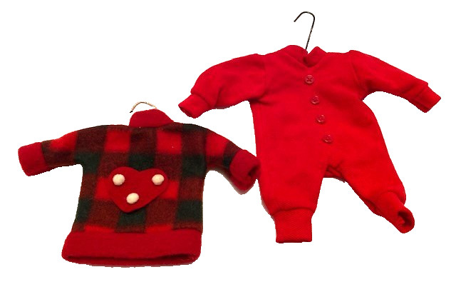 Set/2 Christmas Ornaments-Santa's Red Long Johns & Red/Black Buffalo Plaid Shirt