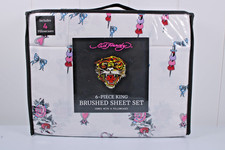 Ed Hardy QUEEN 6pc Sheet Set with 4 Pillowcases Skulls,Bows,Roses Hearts print
