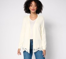 Susan Graver Open Front Sweater Cardigan with Lace Trim Ivory 2X New