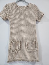 Women's Beige Knit Cotton Sweater Dress Short Sleeve Fringe Pockets Crew Neck
