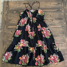 Women's American Eagle Black Floral Midi Dress Size 6 sundress boho tiered skirt