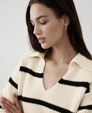 Banana Republic XS Ribbed Stripe Sweater Johnny Collar, Black Ivory Knit NEW NWT