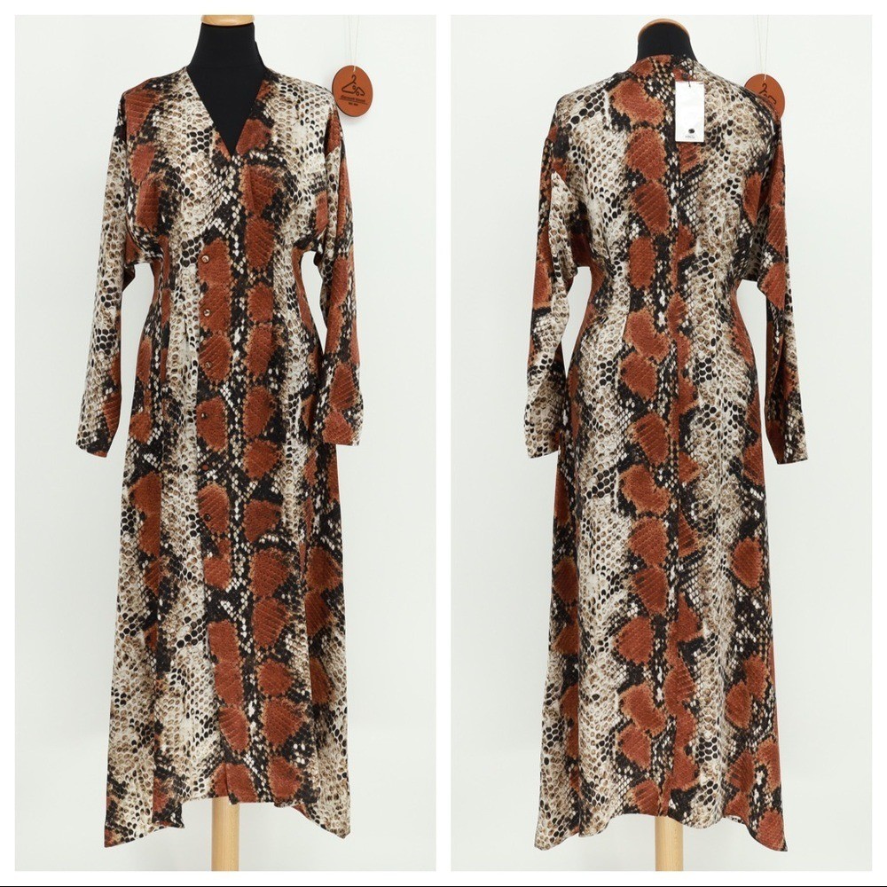 Mango Snake Print Midi Dress Dress Flowy Midi V-Neck Long Sleeves Size 4 NWT