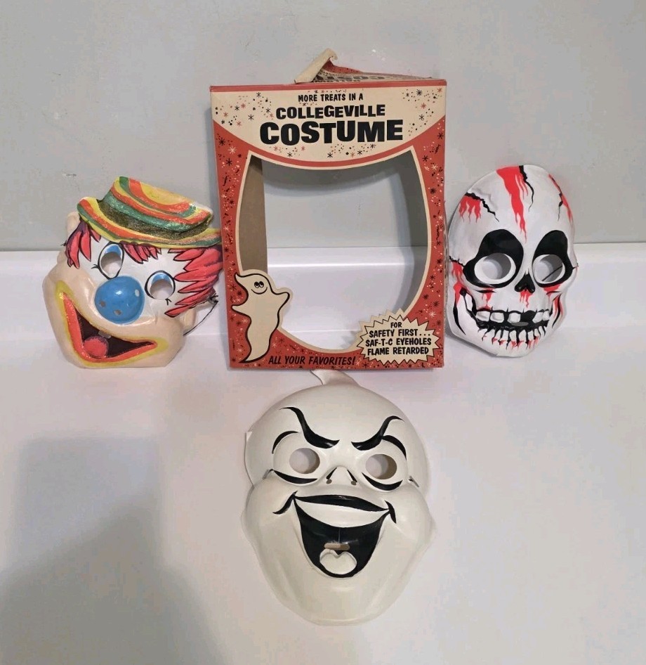 Lot Of 3 Vintage Halloween Mask Ben Cooper Halco Collegeville Skull Casper Clown
