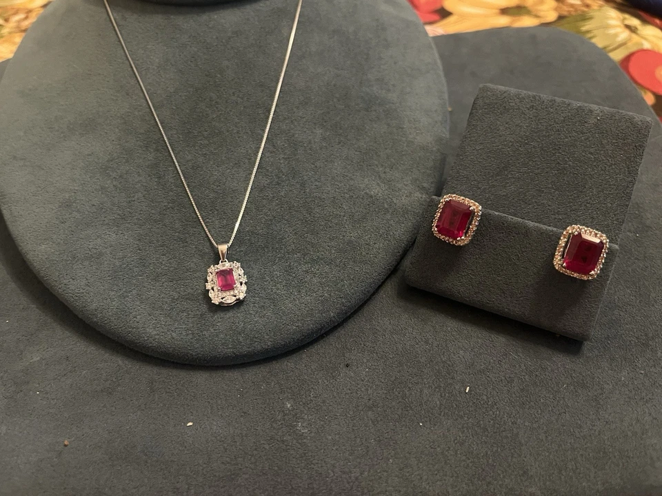 Brand New Sterling Silver Ruby Necklace and Earrings Jewelry Set 925 - Image 2 of 4