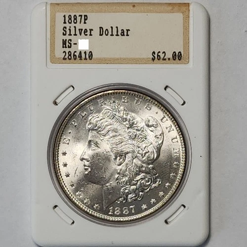 1887 P Morgan Silver Dollar - Vintage Hannes Tulving Holder, BU UNC Slab-8778
