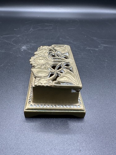 ANTIQUE ART DECO NOUVEAU SOLID BRASS BRONZE SUNFLOWER IVY HINGED STAMP BOX 3.5" - Picture 6 of 13