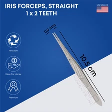 Iris Forceps, Striaght, 0.9 mm, 1 X 2 Teeth, Overall Length 10.5 cm