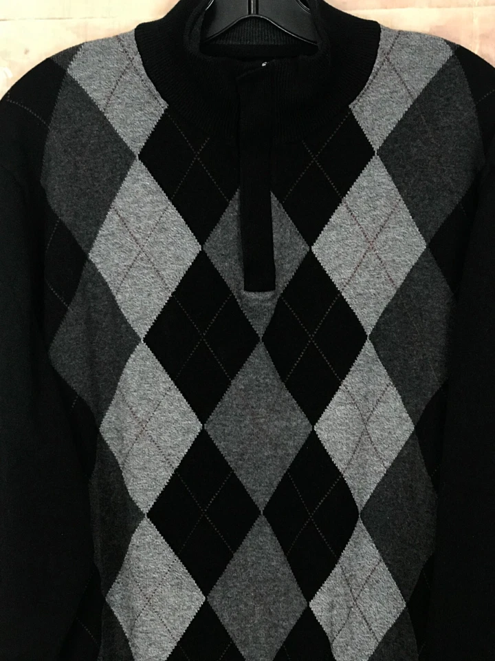 Suéter Tejido Tasso Ella Hombres L Negro Argyle Cremallera Acanalado Dobladillo Puños Cuello Alto Foto 3 de 4