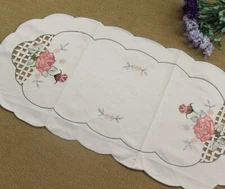 Cream Embroidered Polyester Table runner Roses 33" Cutwork