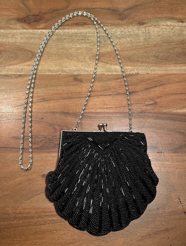 Vintage Black Beaded Shell Purse Made In Hong Hong - Picture 2 of 24