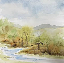 Pamela Wilhelm original 10”x10” Watercolor Spring Hill Log Cabin Creek Trees