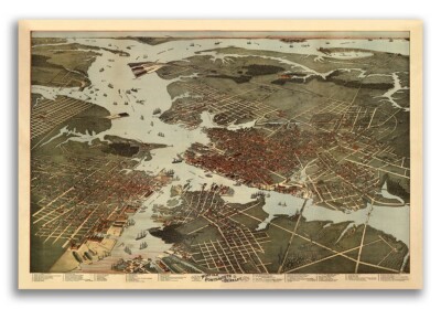 1891 Norfolk Portsmouth VA Vintage Old Panoramic City Map - 20x30