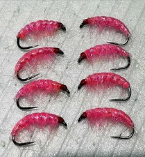 PINK SHRIMP Trout Fly 8 Pack Barbless Scud Fly Fishing Size 12 weighted