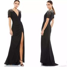 Mac Duggal Sequined Embellished Shoulder Plung V Neck High Slit Gown Size 4 NWT