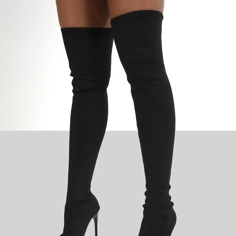 Women Knee High Boots Pointed Toe Thin Heel Slip on Zipper Sexy High Heels - Image 2 of 4