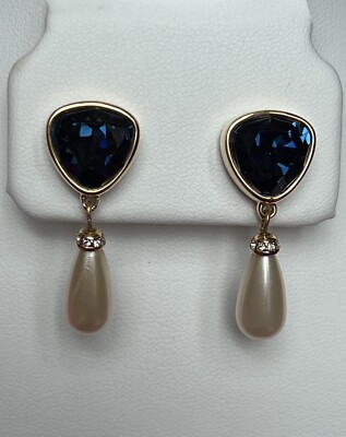 Swarovski (Signed) Gorgeous BLUE CRYSTAL and PEARL DROP Pierced Earrings