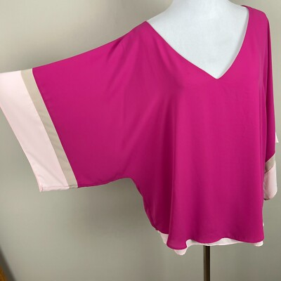 #ad #ad White House Black Market Blouse Top Womens Large Pink Kimono 3 4 Sleeve Relaxed $29.64