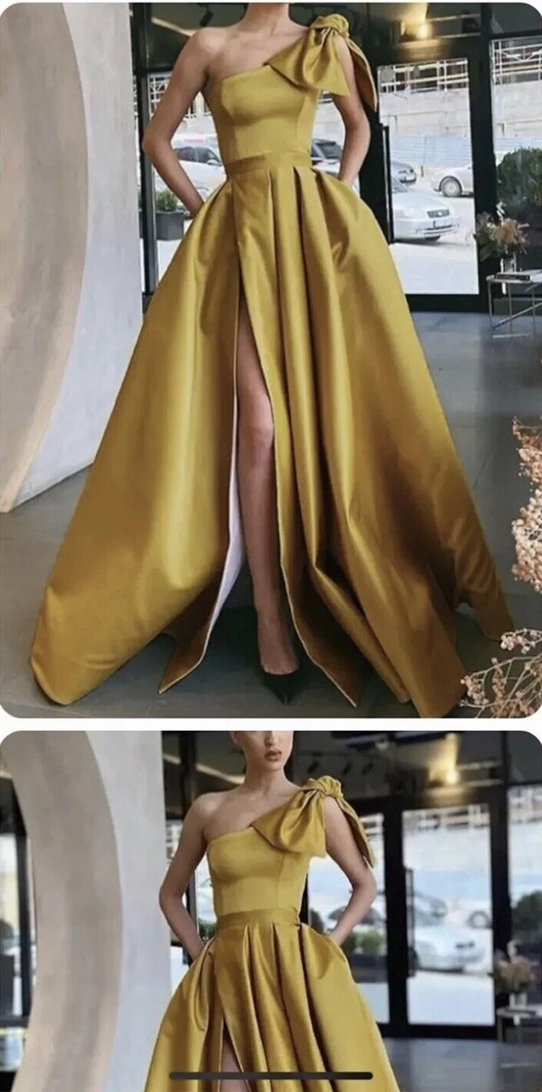One Shoulder Satin Prom Dress A Line Slit Evening Formal Gowns eBay