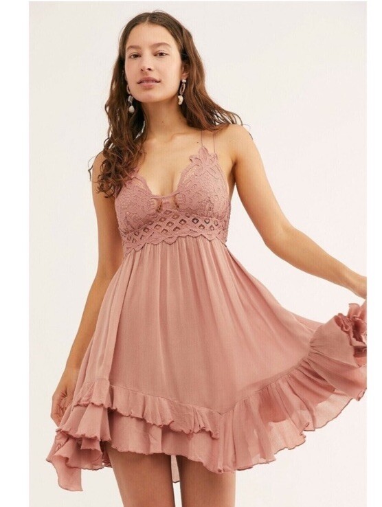 Free People Slip Dress Womens Rose Pink Mini Adella Lace Size