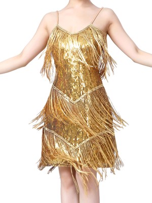 Women Latin Dance Tiered Tassels Sequin Dress Salsa Tango Samba Rumba Dancewear
