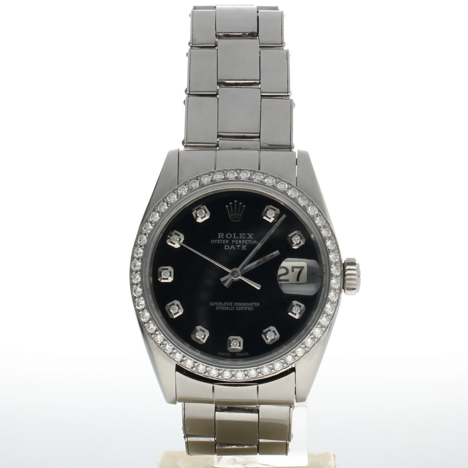 Rolex Date 34mm Stainless Steel Womens Watch Black Dial Automatic Ref 1500
