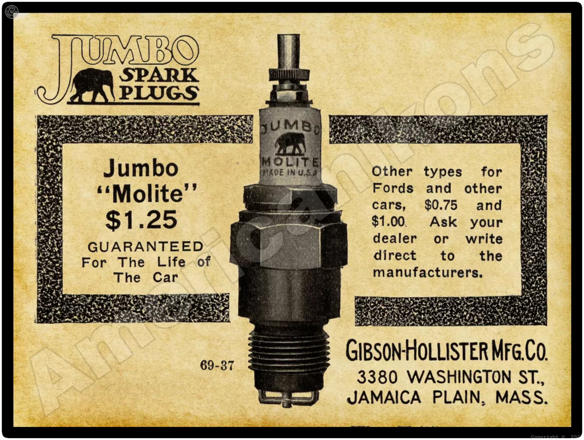 1916 Gibson Hollister Co. New Metal Sign Jumbo Spark Plugs