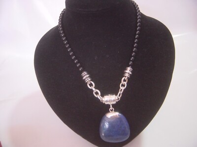 Erstaunlich-massives Silber-hervorragend-echter Onyx & Lapizlazuli Halskette-Designer-17,5''