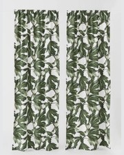 H&M White Linen Effect Curtain Pair With Green Leaf Pattern