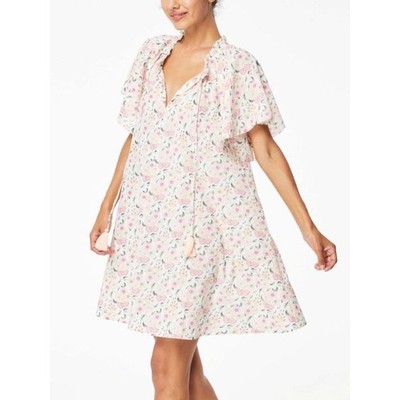 Roller Rabbit Temmy Tie-Neck Shift Dress White Floral Size Medium