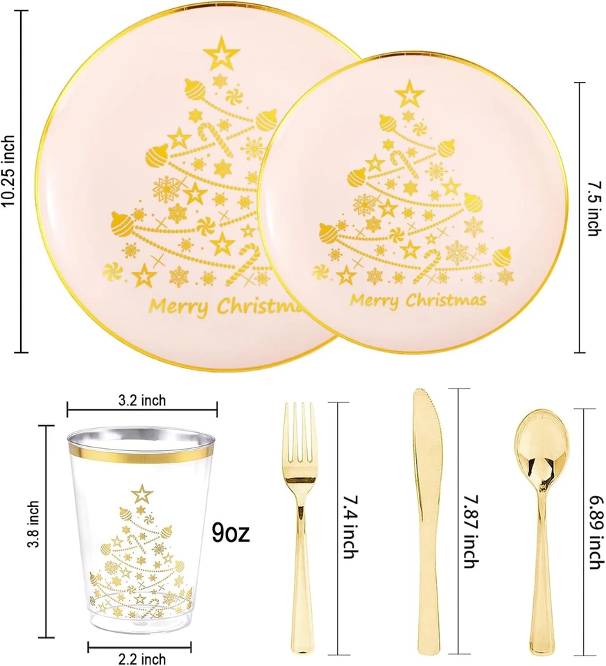 LIYH 150 件装圣诞餐具套装一次性 - 粉色和金色  — 第 2/4 张图片