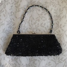 Vintage Chic Black Beaded Evening Clutch Detachable Multicolor Beaded Handle EUC
