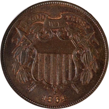 1864 Two (2) Cent Piece Large Motto CAC Sticker NGC MS65 BN Strong Strike