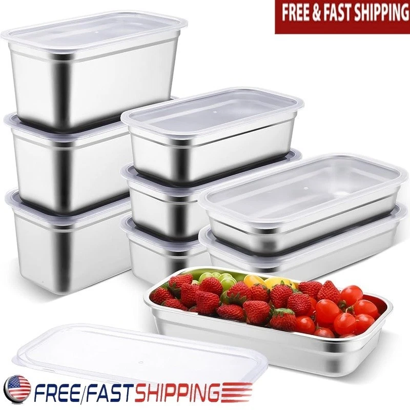 Stainless Steel Food Storage Containers W/ Lids Leak Proof Kitchen Prep Set New