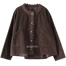 Women Corduroy Blouse Shirt Coat Jacket Top Lace Button Loose Casual Outwear New
